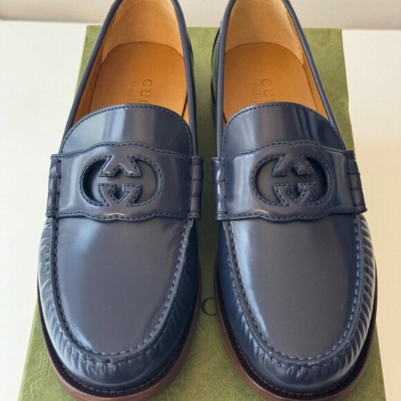 Gucci Millennial Ribot Leather Interlocking G Loafer Blue Gucci Size 7.5 - Picture 1 of 7